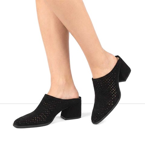 Kadın Siyah Kalın Topuklu Süet Deri Terlik