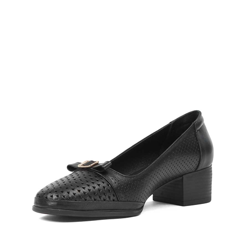 Kadın Siyah Kısa Kalın Topuklu Deri Ayakkabı