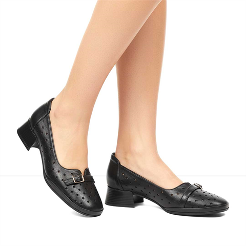 Kadın Siyah Kısa Kalın Topuklu Deri Ayakkabı