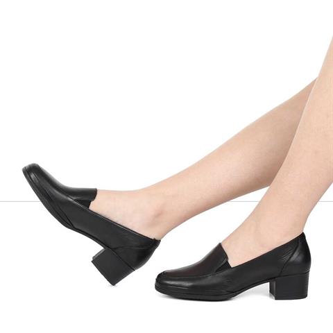 Kadın Siyah Kısa Kalın Topuklu Deri Ayakkabı