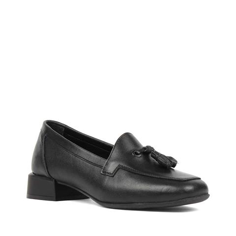 Kadın Siyah Kısa Kalın Topuklu Deri Ayakkabı