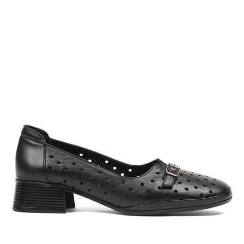 Kadın Siyah Kısa Kalın Topuklu Deri Ayakkabı