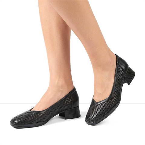 Kadın Siyah Kısa Kalın Topuklu Deri Ayakkabı