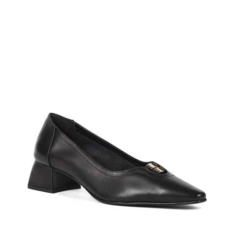 Kadın Siyah Kısa Kalın Topuklu Deri Klasik Ayakkabı