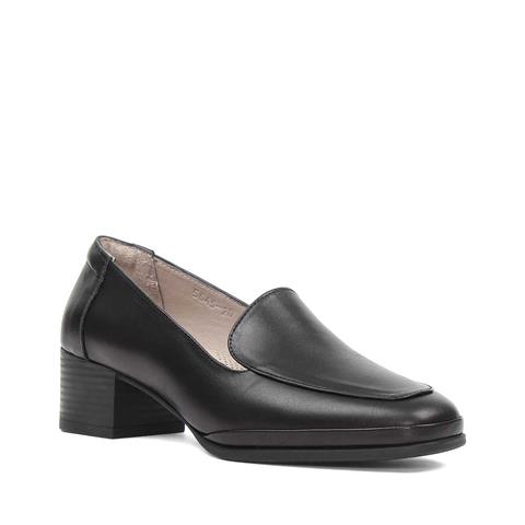 Kadın Siyah Kısa Kalın Topuklu Deri Klasik Ayakkabı