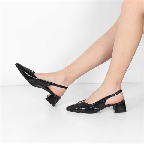 Kadın Siyah Kısa Kalın Topuklu Rugan Deri Klasik Ayakkabı