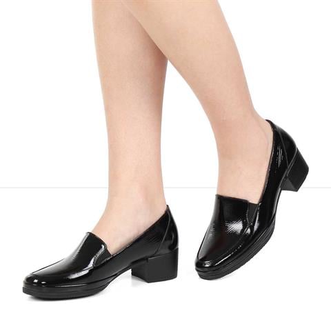 Kadın Siyah Kısa Kalın Topuklu Rugan Deri Ayakkabı