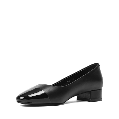 Kadın Siyah Kısa Kalın Topuklu Rugan Deri Klasik Ayakkabı