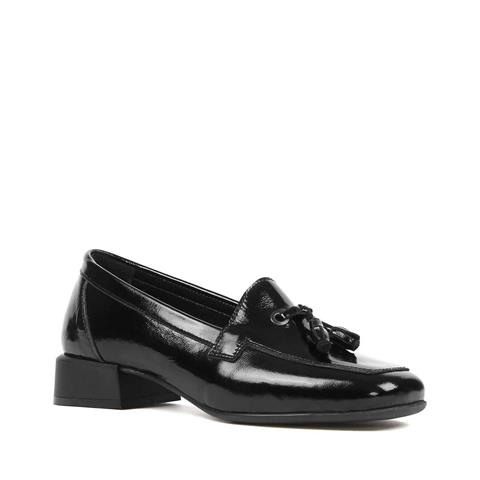 Kadın Siyah Kısa Kalın Topuklu Rugan Deri Ayakkabı