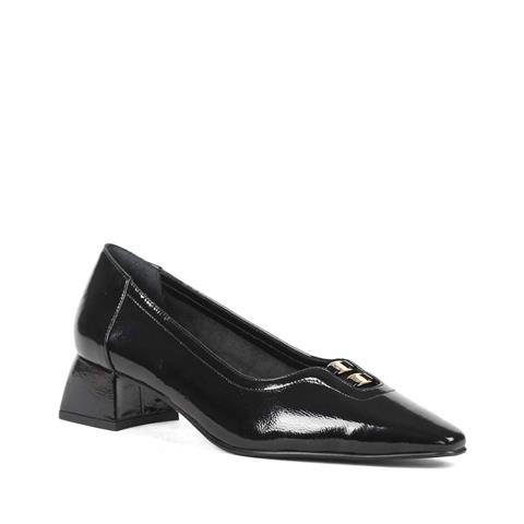 Kadın Siyah Kısa Kalın Topuklu Rugan Deri Klasik Ayakkabı