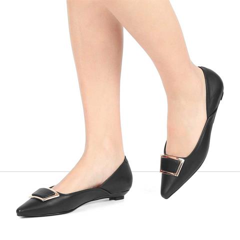 Kadın Siyah Kısa Topuklu Deri Klasik Ayakkabı