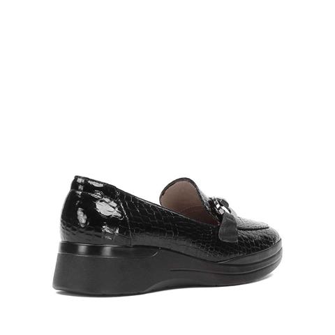 Kadın Siyah Kroko Dolgu Topuklu Rugan Deri Ayakkabı