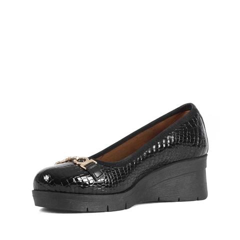 Kadın Siyah Kroko Dolgu Topuklu Rugan Deri Ayakkabı