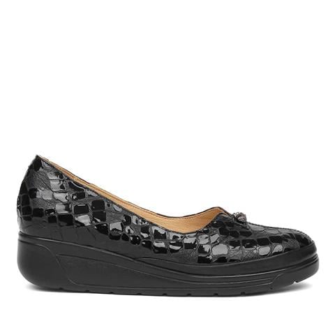 Kadın Siyah Kroko Dolgu Topuklu Rugan Deri Ayakkabı