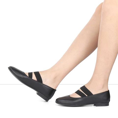 Kadın Siyah Lastikli Deri Babet