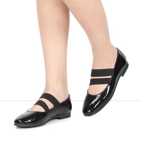 Kadın Siyah Lastikli Rugan Deri Babet