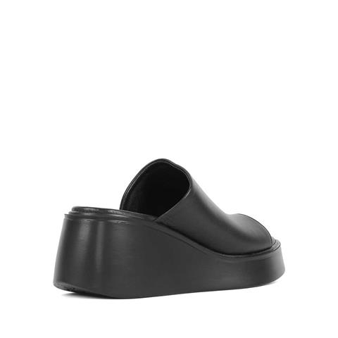 Kadın Siyah Önü Açık Dolgu Topuklu Deri Terlik