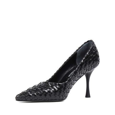Kadın Siyah Örgü İnce Topuklu Deri Klasik Ayakkabı