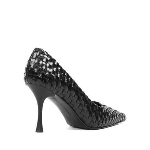 Kadın Siyah Örgü İnce Topuklu Deri Klasik Ayakkabı