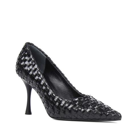 Kadın Siyah Örgü İnce Topuklu Deri Klasik Ayakkabı
