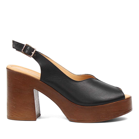 Kadın Siyah Platform Topuklu Deri Sandalet