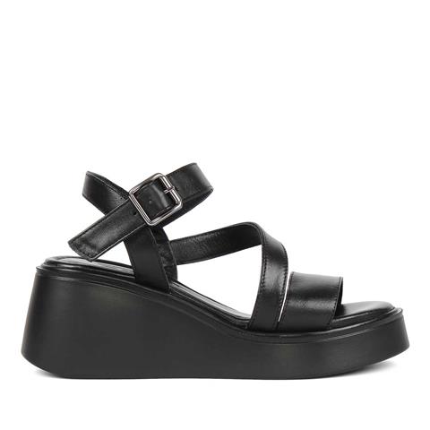 Kadın Siyah Platform Topuklu Deri Sandalet