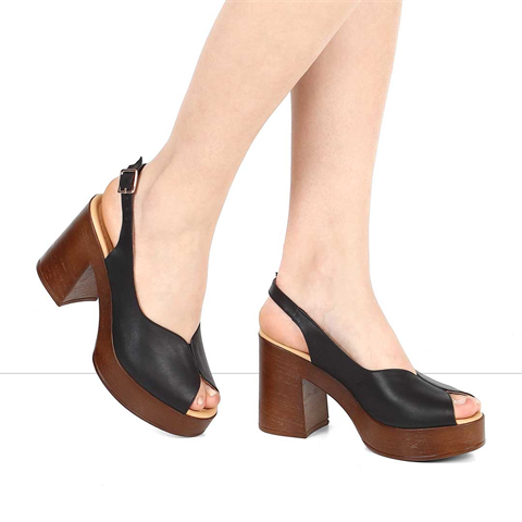 Kadın Siyah Platform Topuklu Deri Sandalet
