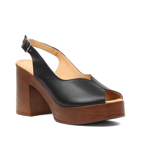 Kadın Siyah Platform Topuklu Deri Sandalet