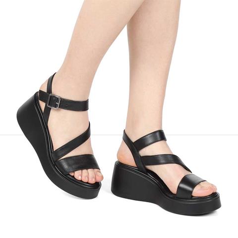 Kadın Siyah Platform Topuklu Deri Sandalet