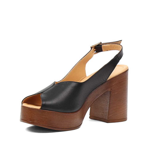 Kadın Siyah Platform Topuklu Deri Sandalet