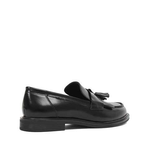 Kadın Siyah Püsküllü Açma Deri Loafer