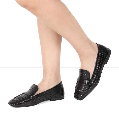 Kadın Siyah Rugan Deri Loafer