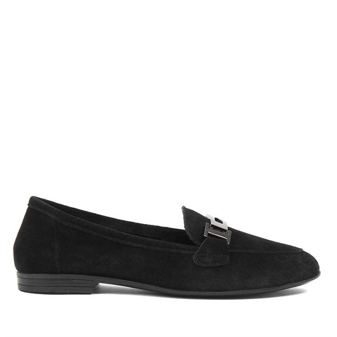 Kadın Siyah Süet Tokalı Deri Loafer