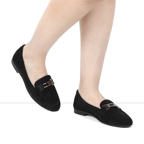 Kadın Siyah Süet Tokalı Deri Loafer