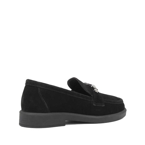 Kadın Siyah Süet Tokalı Deri Loafer