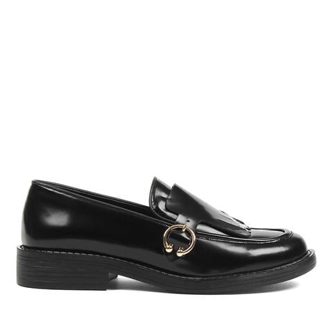Kadın Siyah Tokalı Açma Deri Loafer
