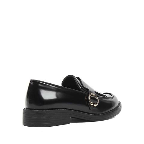 Kadın Siyah Tokalı Açma Deri Loafer