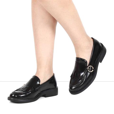 Kadın Siyah Tokalı Açma Deri Loafer