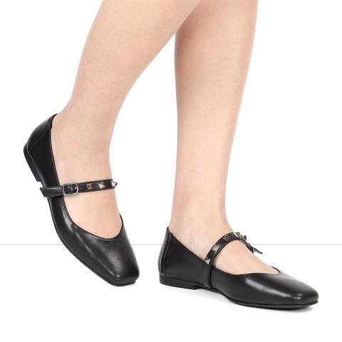 Kadın Siyah Tokalı Deri Babet