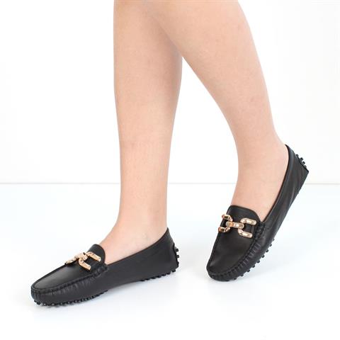 Kadın Siyah Tokalı Deri Babet