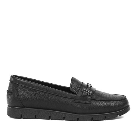 Kadın Siyah Tokalı Deri Loafer