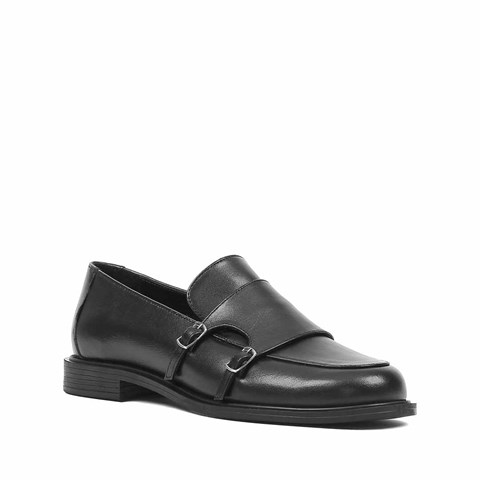 Kadın Siyah Tokalı Deri Loafer