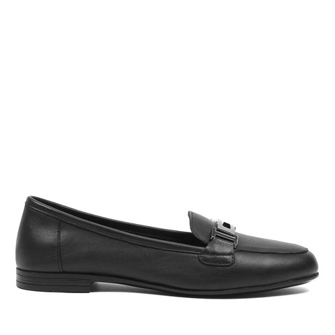 Kadın Siyah Tokalı Deri Loafer