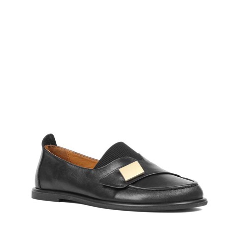 Kadın Siyah Tokalı Deri Loafer