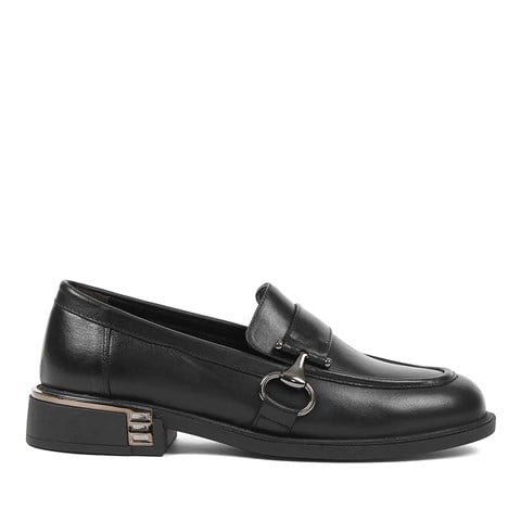 Kadın Siyah Tokalı Deri Loafer