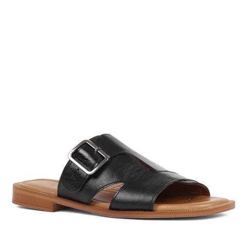 Kadın Siyah Tokalı Deri Terlik