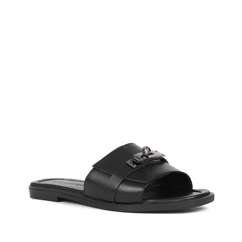 Kadın Siyah Tokalı Deri Terlik