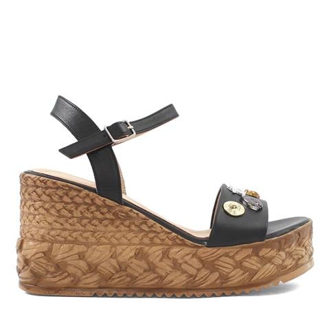 Kadın Siyah Tokalı Dolgu Topuklu Deri Sandalet