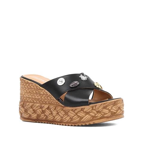 Kadın Siyah Tokalı Dolgu Topuklu Deri Terlik