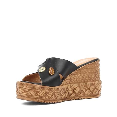 Kadın Siyah Tokalı Dolgu Topuklu Deri Terlik